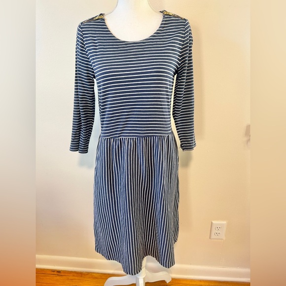 Boden Navy Blue White Stripe Zip Shoulder Jersey Midi Tea Dress - Picture 1 of 6